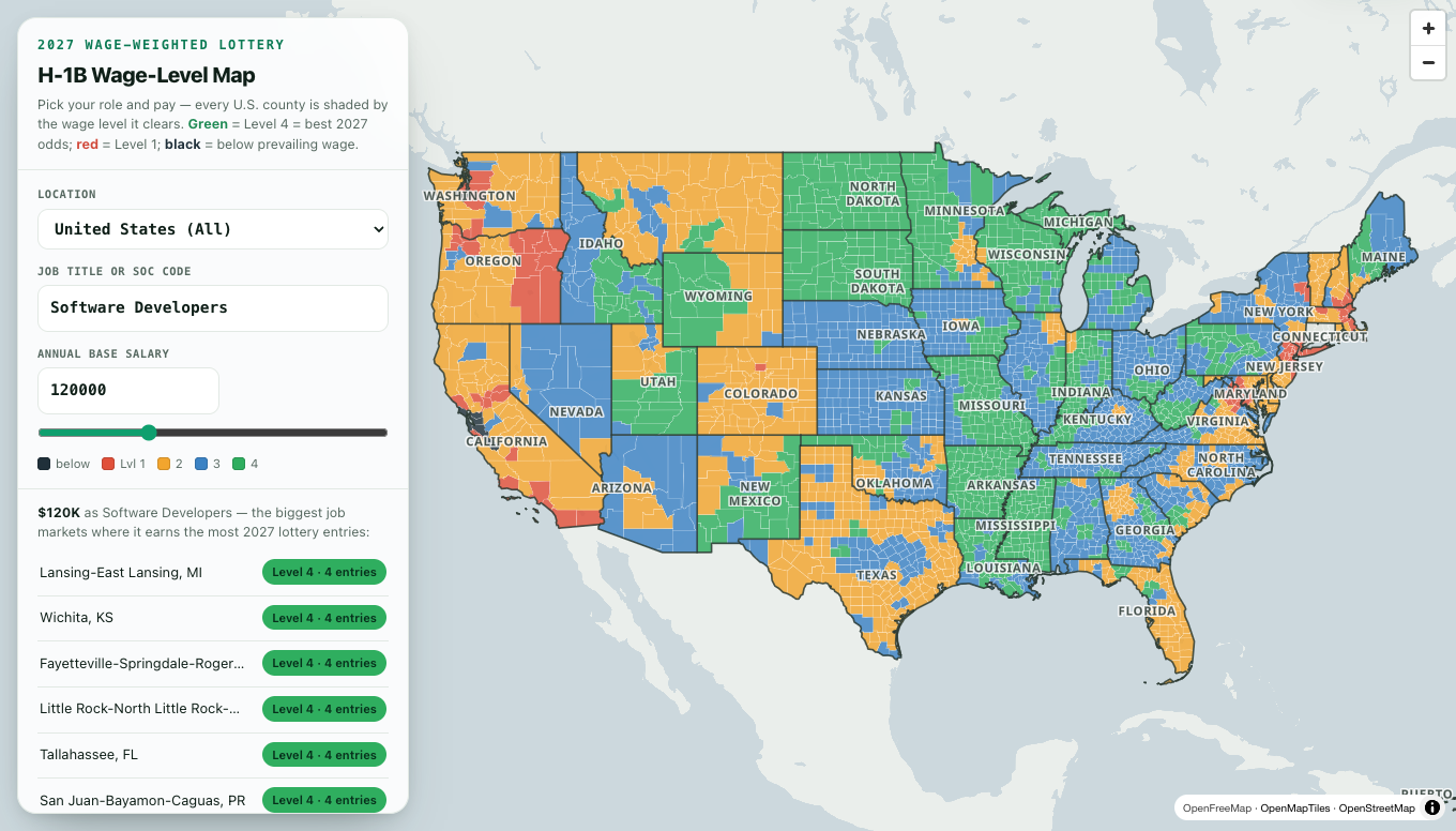 Interactive US map of H-1B prevailing wage levels by county